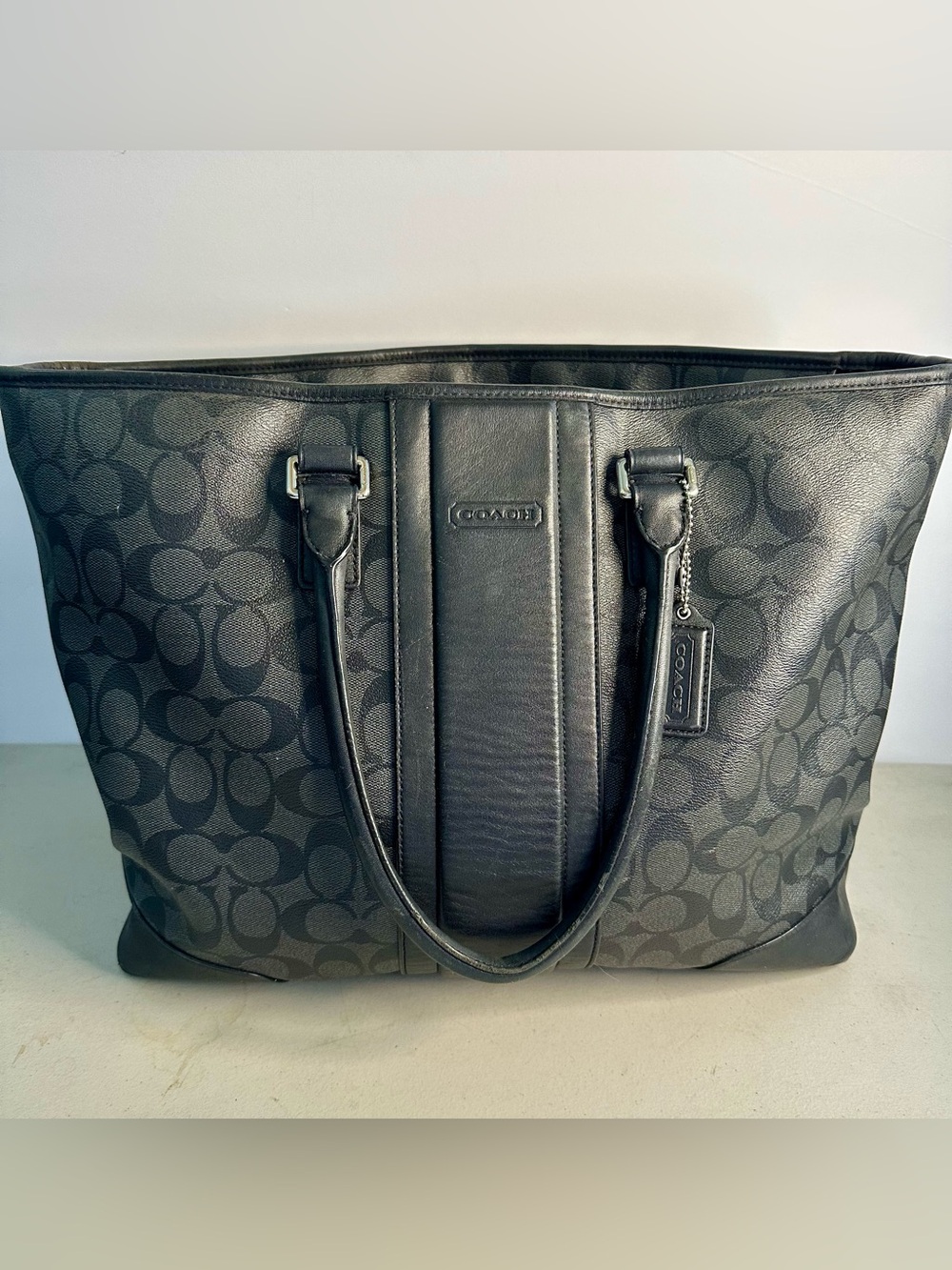 Coach Black Signature Canvas Tote with Leather Trim